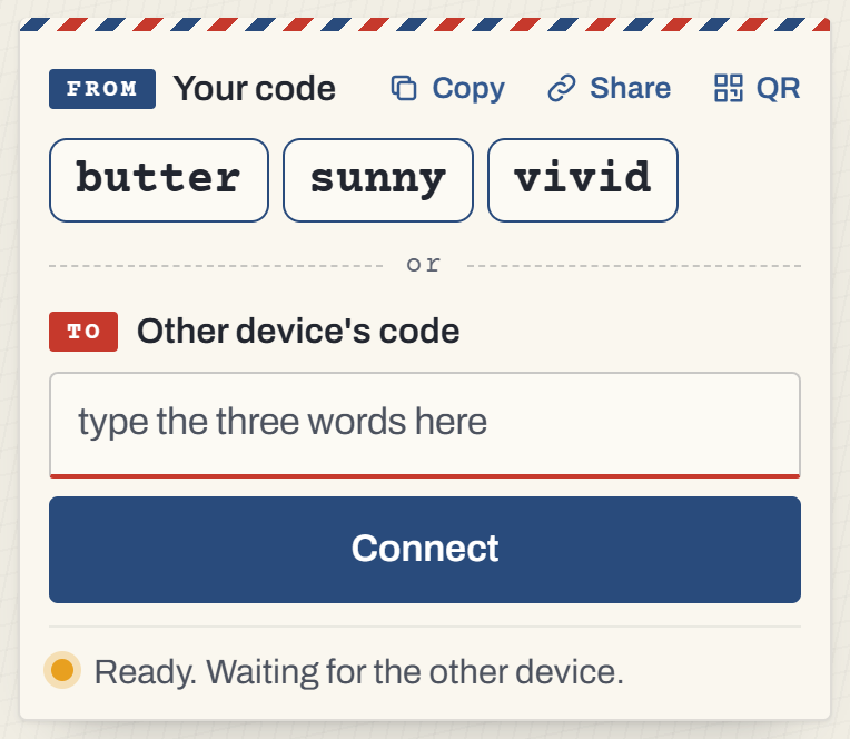 The Notegirl page showing a three-word code with Copy, Share and QR buttons beside it