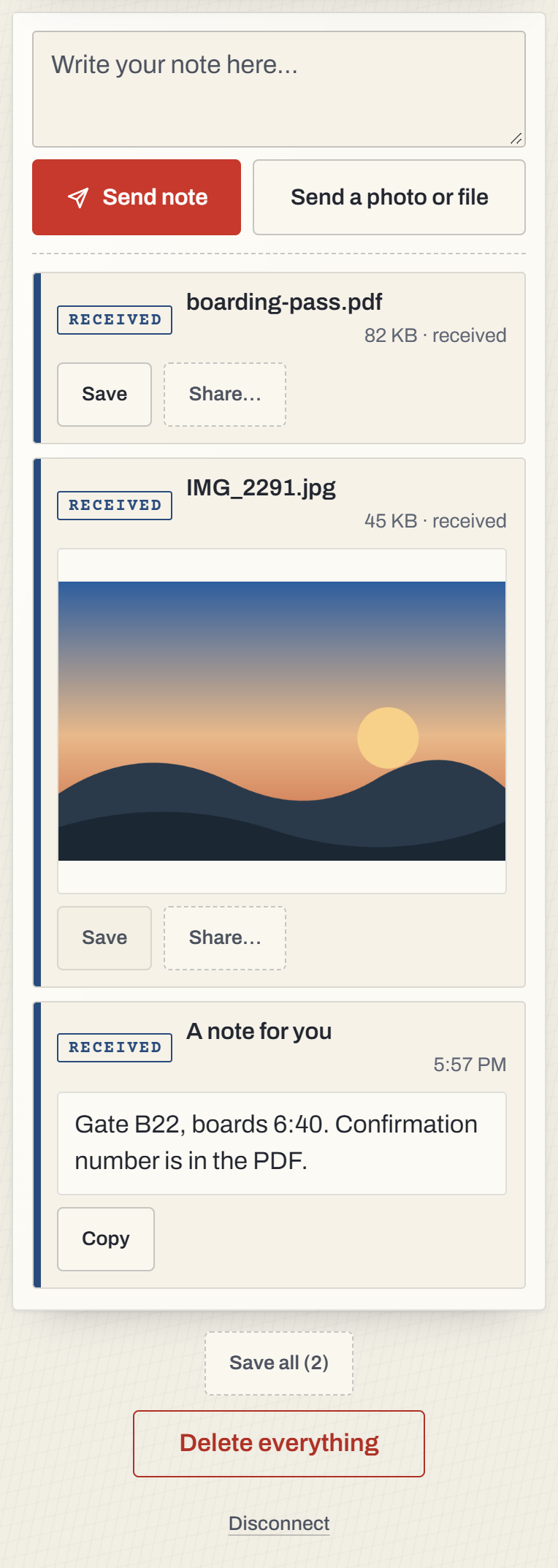 A connected Notegirl page with a note, a photo and a file received, one Save button already used