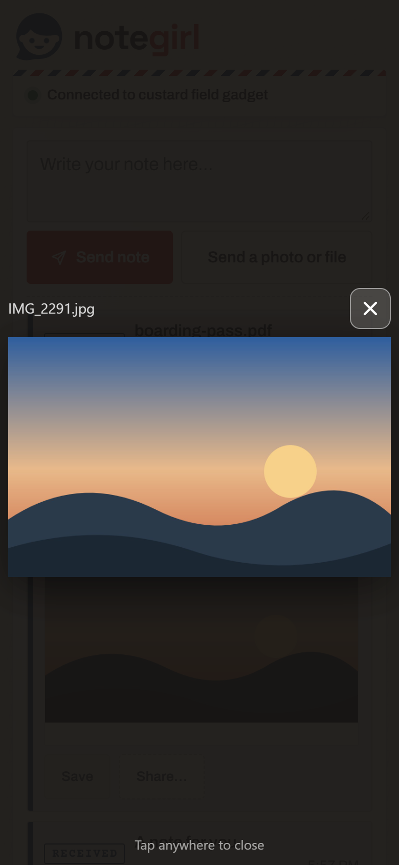 The photo viewer filling the phone screen, with the file name and a close button beside the photo